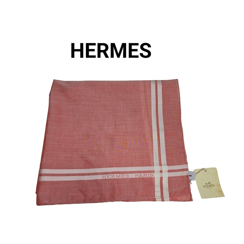 Hermes Paris Handkerchief Pocket Square Coral Red Striped Cotton Blend NWT